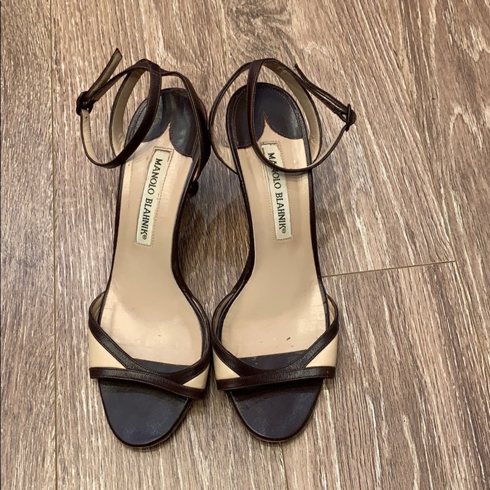 Manolo Blahnik brown and cream ankle strap sandals
